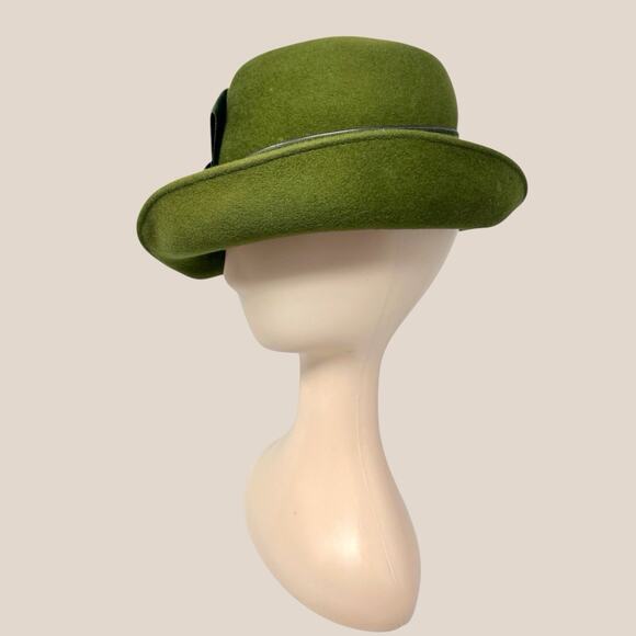 Vintage Henry Pollak Olive Green Wool Felt Dress Hat Union Made Bow USA 1960s main image 5